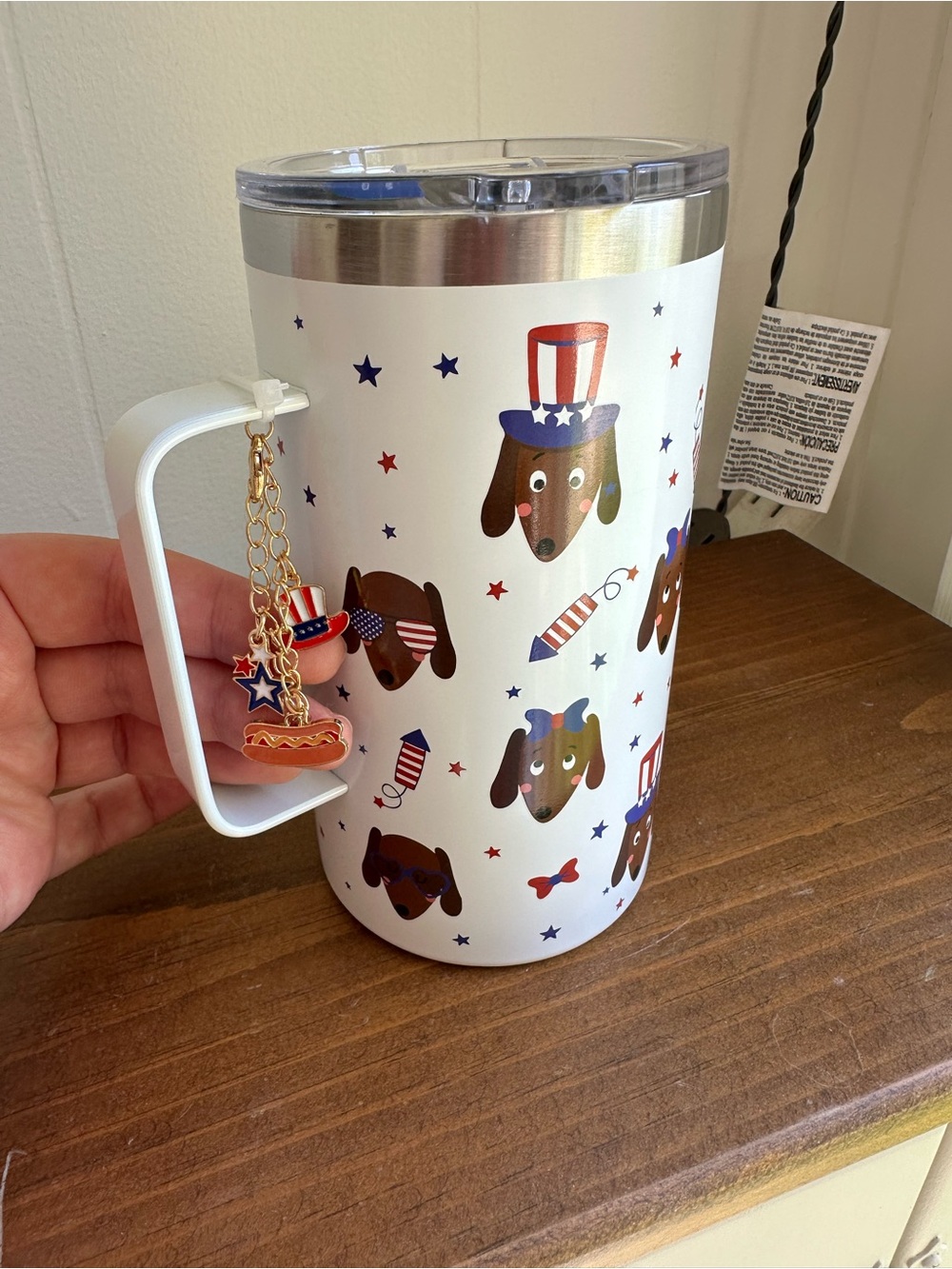 Patriotic Dachshund Insulated Travel Mug - White with Red, Blue & Brown
